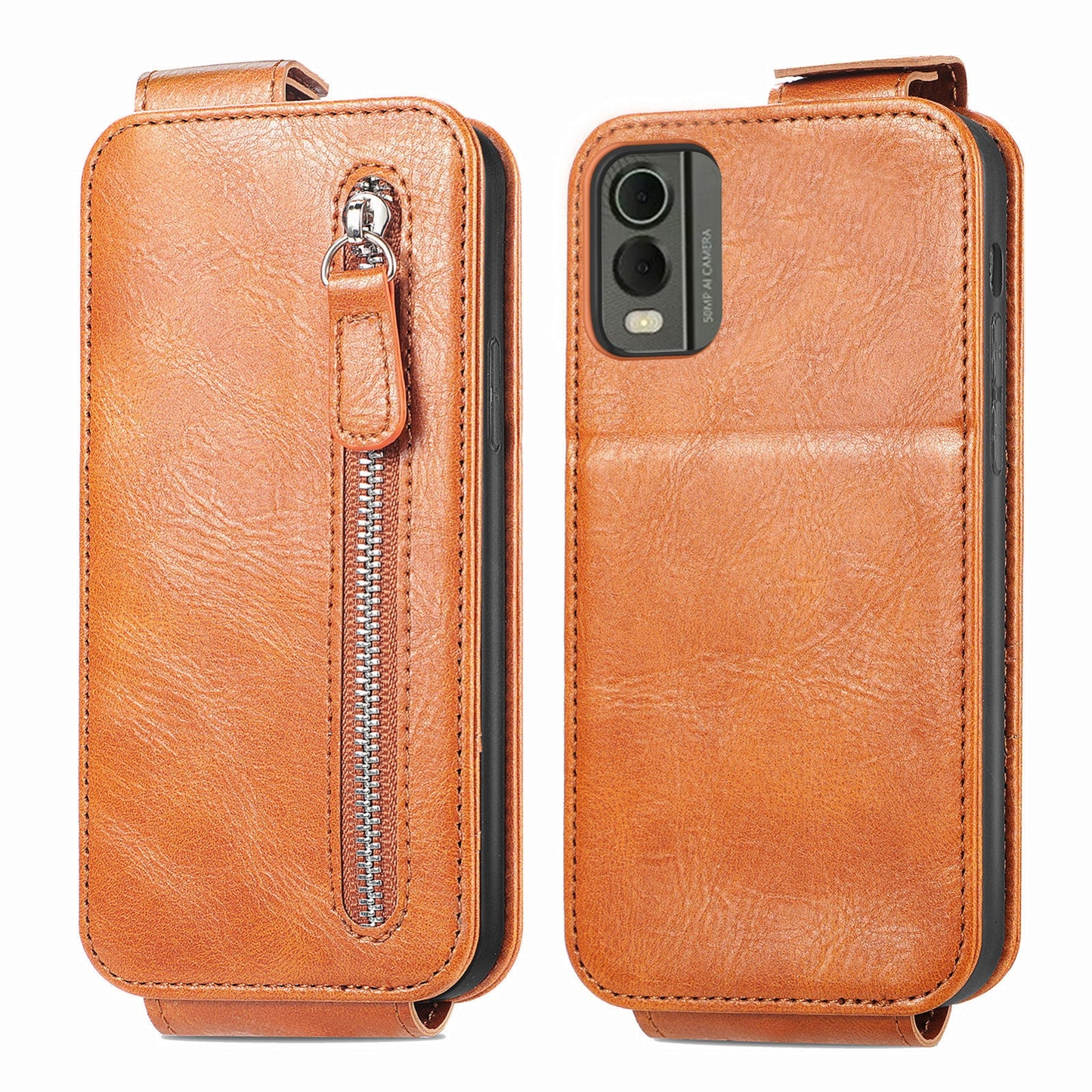 Nokia C32 Zipper Wallet Case - Vertical Flip Leather Phone Cover with Multiple Card Slots and Stand
