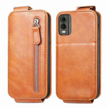 Nokia C32 Zipper Wallet Case - Vertical Flip Leather Phone Cover with Multiple Card Slots and Stand