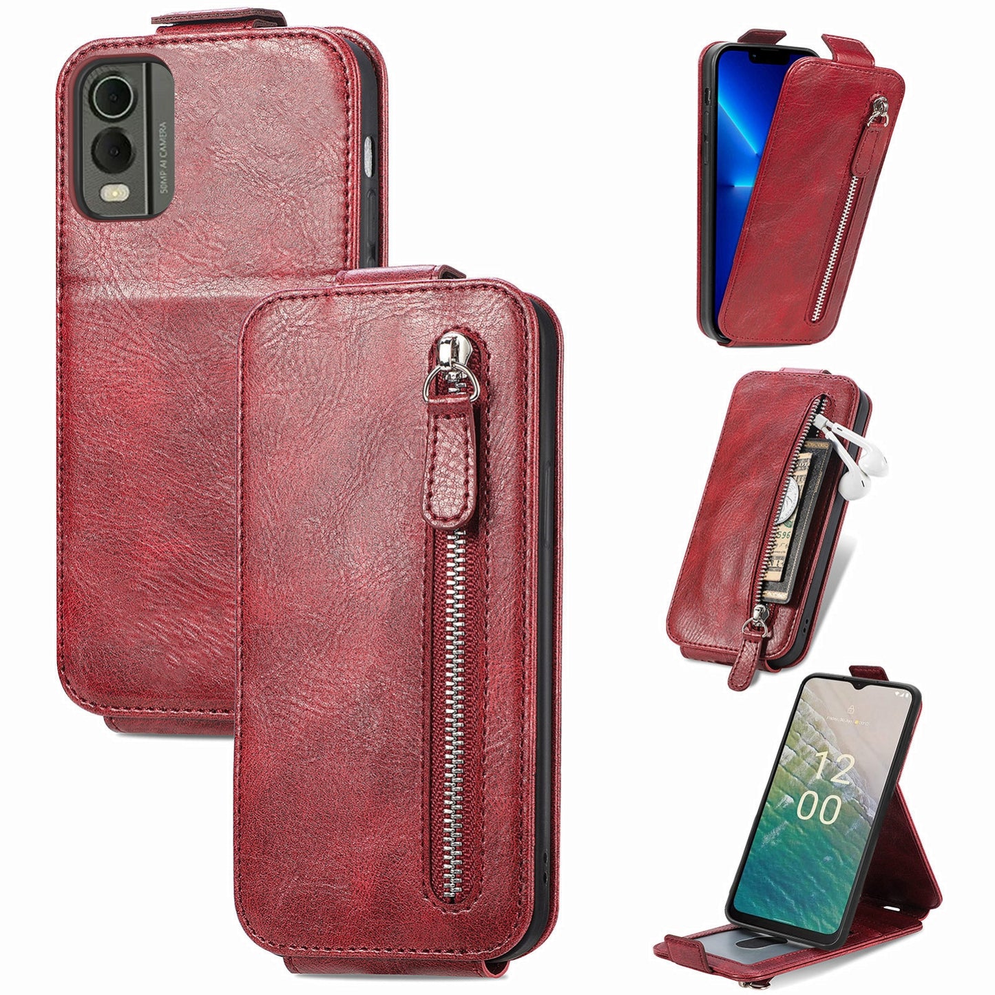 Nokia C32 Zipper Wallet Case - Vertical Flip Leather Phone Cover with Multiple Card Slots and Stand