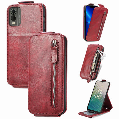 Nokia C32 Zipper Wallet Case - Vertical Flip Leather Phone Cover with Multiple Card Slots and Stand