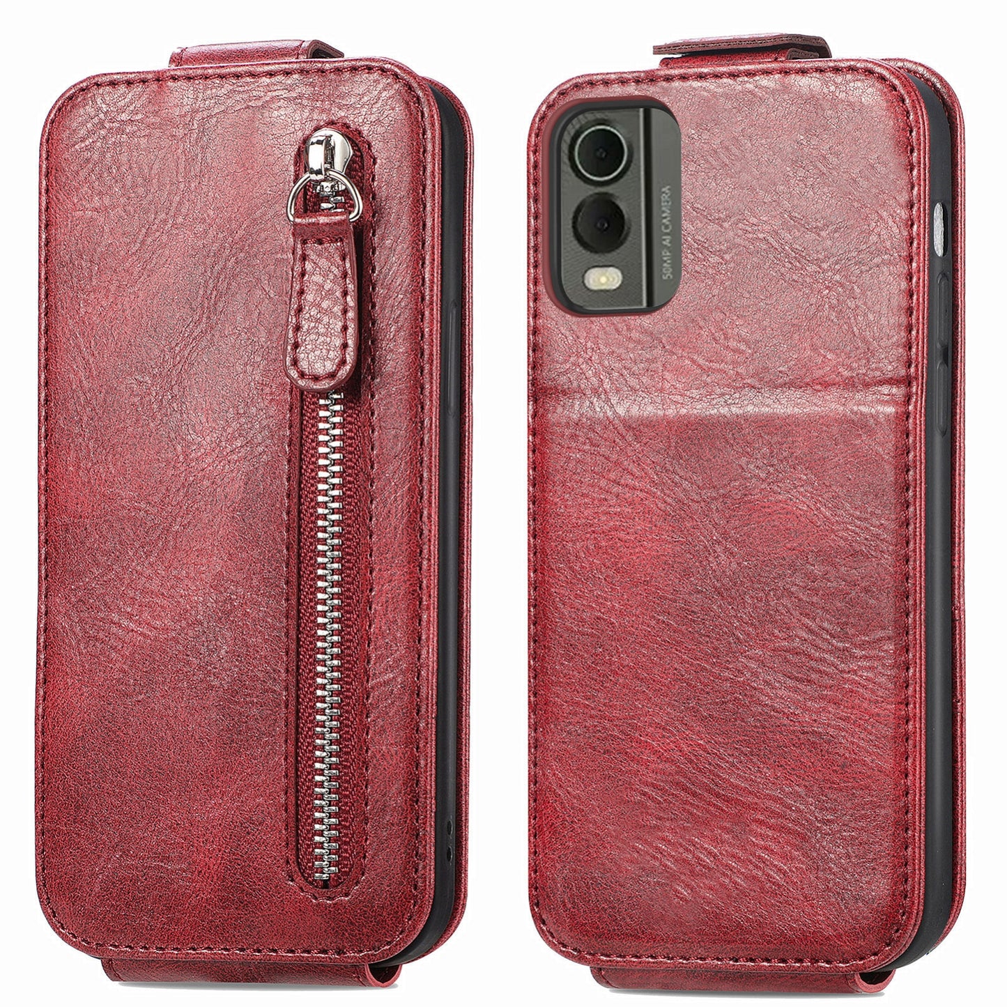Nokia C32 Zipper Wallet Case - Vertical Flip Leather Phone Cover with Multiple Card Slots and Stand