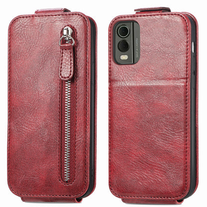 Nokia C32 Zipper Wallet Case - Vertical Flip Leather Phone Cover with Multiple Card Slots and Stand