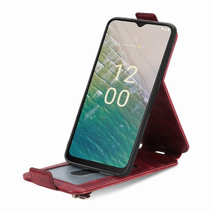 Nokia C32 Zipper Wallet Case - Vertical Flip Leather Phone Cover with Multiple Card Slots and Stand