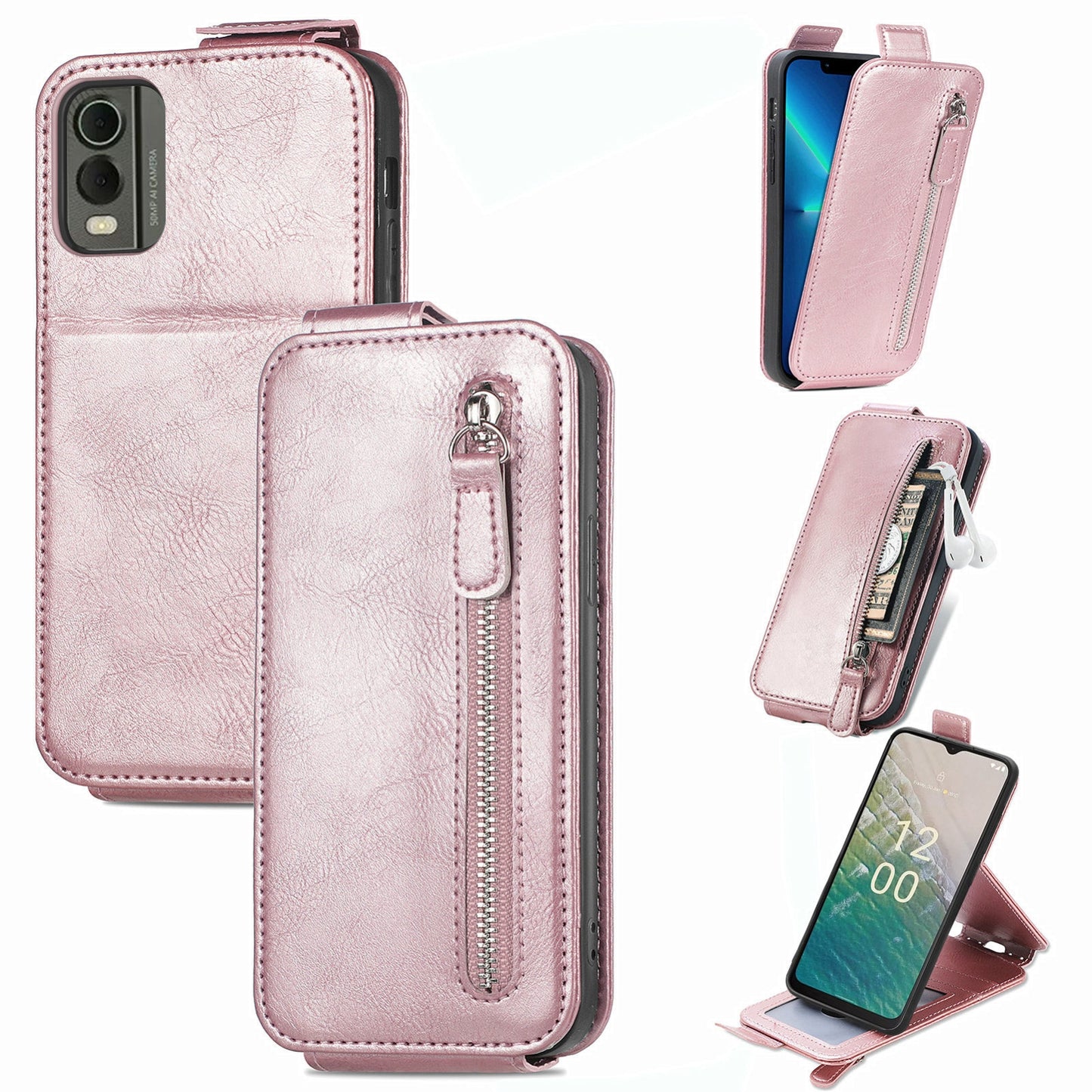 Nokia C32 Zipper Wallet Case - Vertical Flip Leather Phone Cover with Multiple Card Slots and Stand