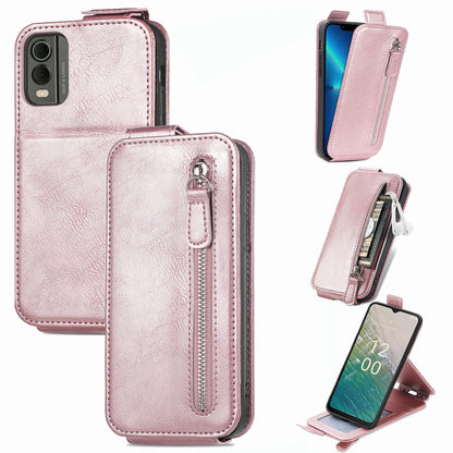 Nokia C32 Zipper Wallet Case - Vertical Flip Leather Phone Cover with Multiple Card Slots and Stand