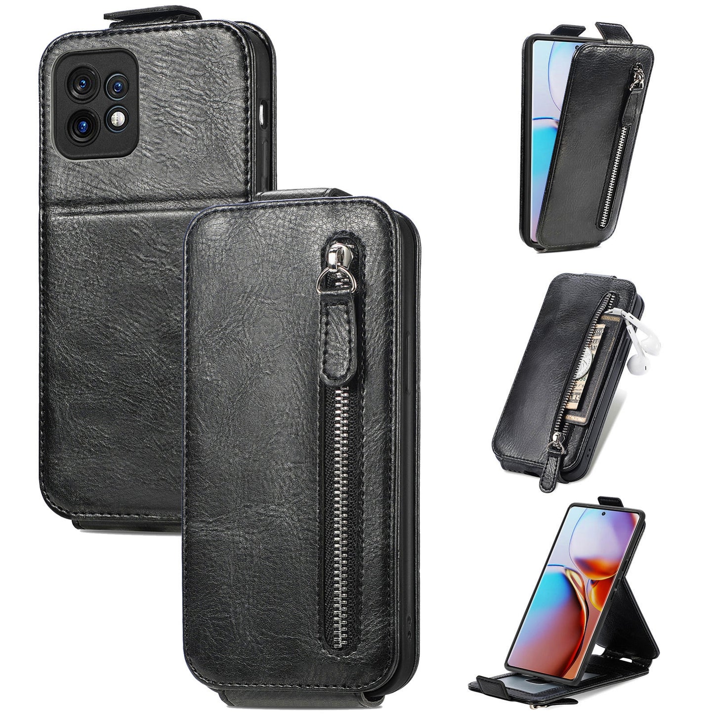 Motorola Moto X40 Zipper Wallet Case - Vertical Flip Leather Phone Cover with Multiple Card Slots and Stand