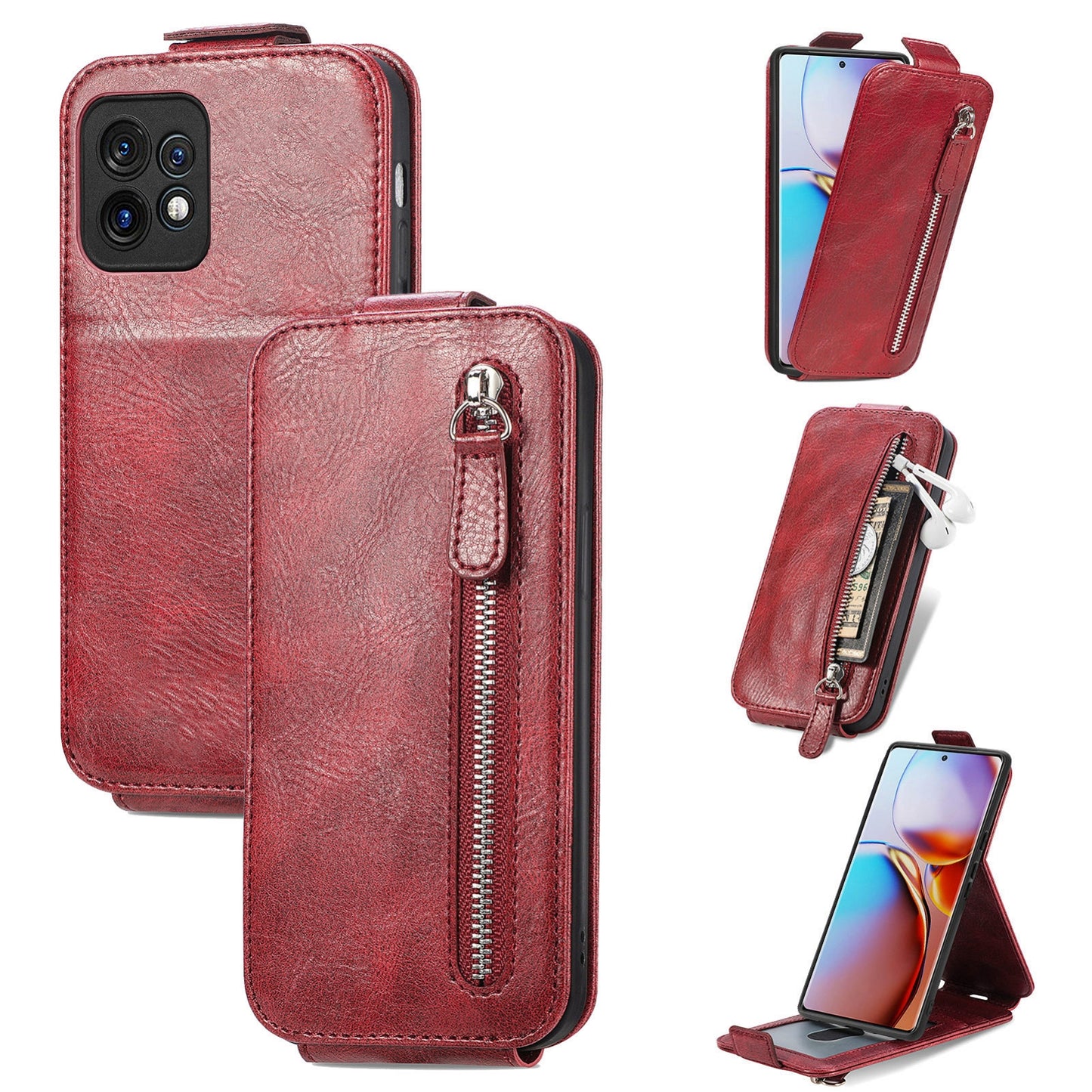 Motorola Moto X40 Zipper Wallet Case - Vertical Flip Leather Phone Cover with Multiple Card Slots and Stand