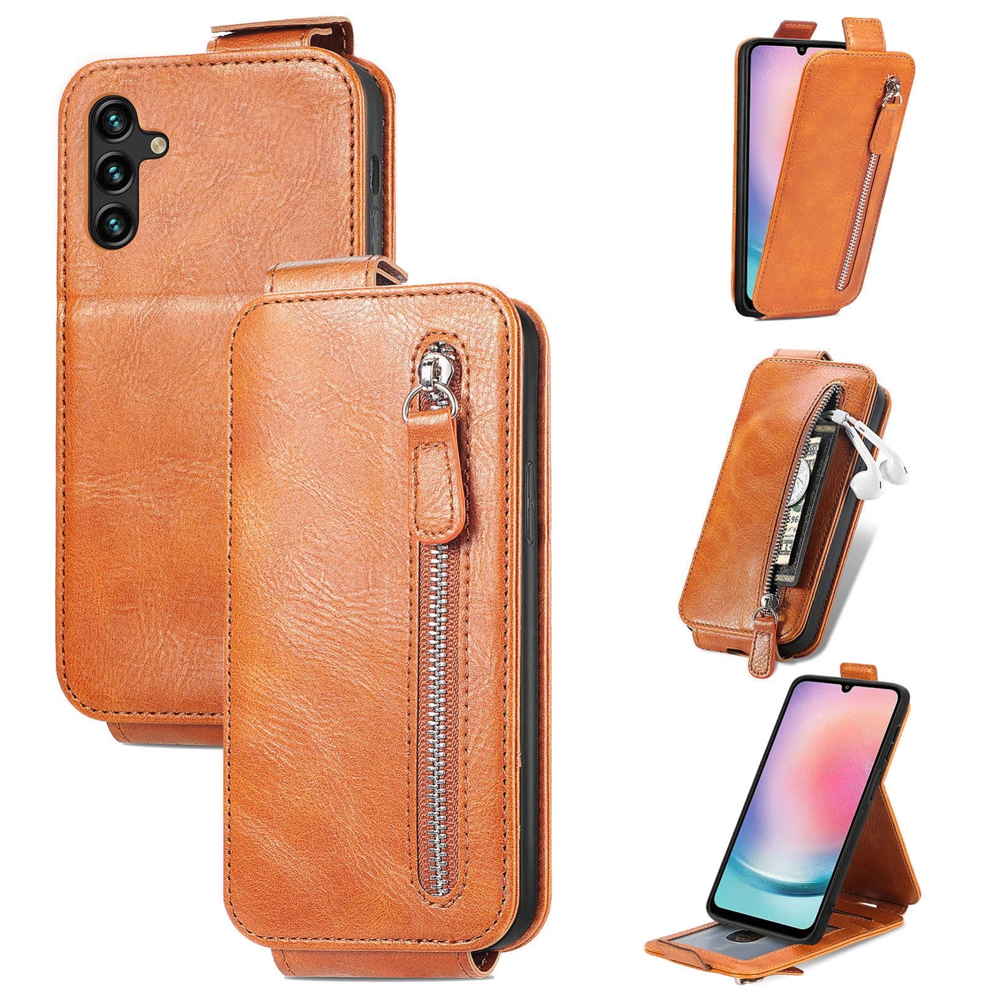 Samsung Galaxy A24 4G Zipper Wallet Case - Vertical Flip Leather Phone Cover with Multiple Card Slots and Stand