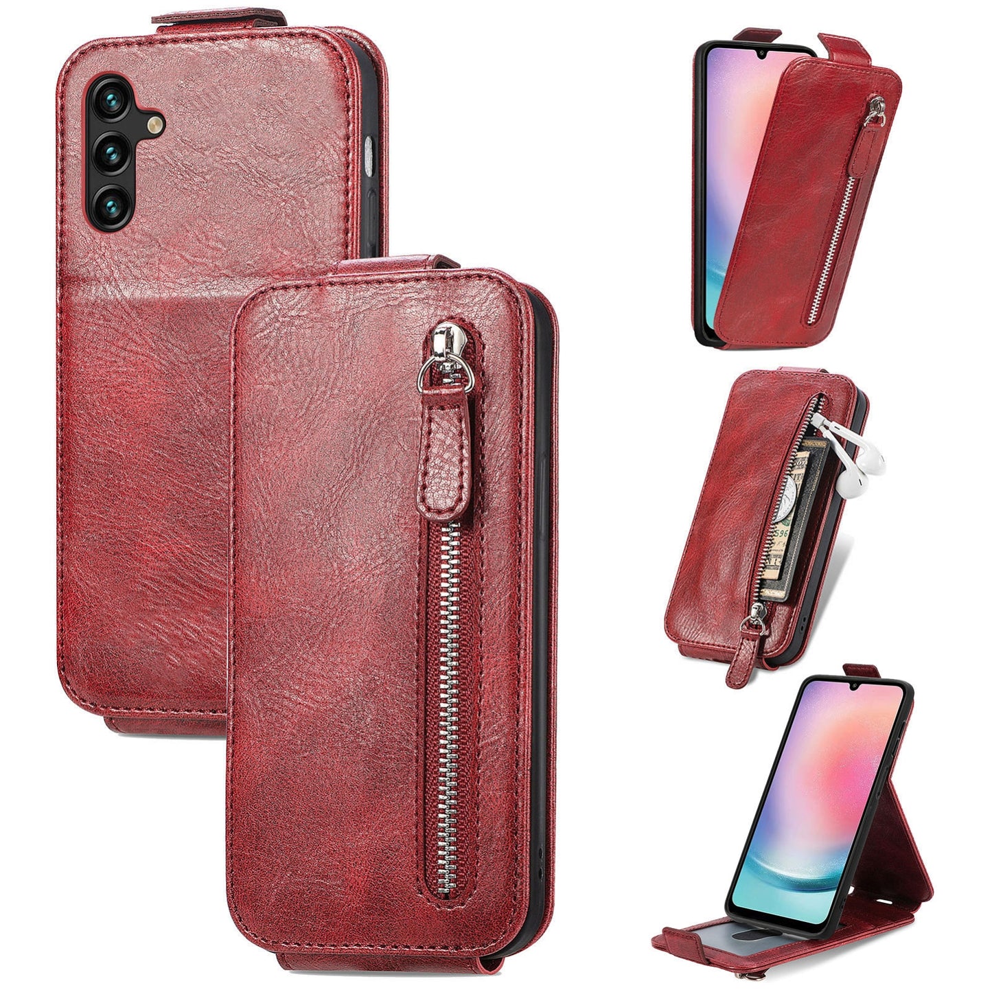 Samsung Galaxy A24 4G Zipper Wallet Case - Vertical Flip Leather Phone Cover with Multiple Card Slots and Stand