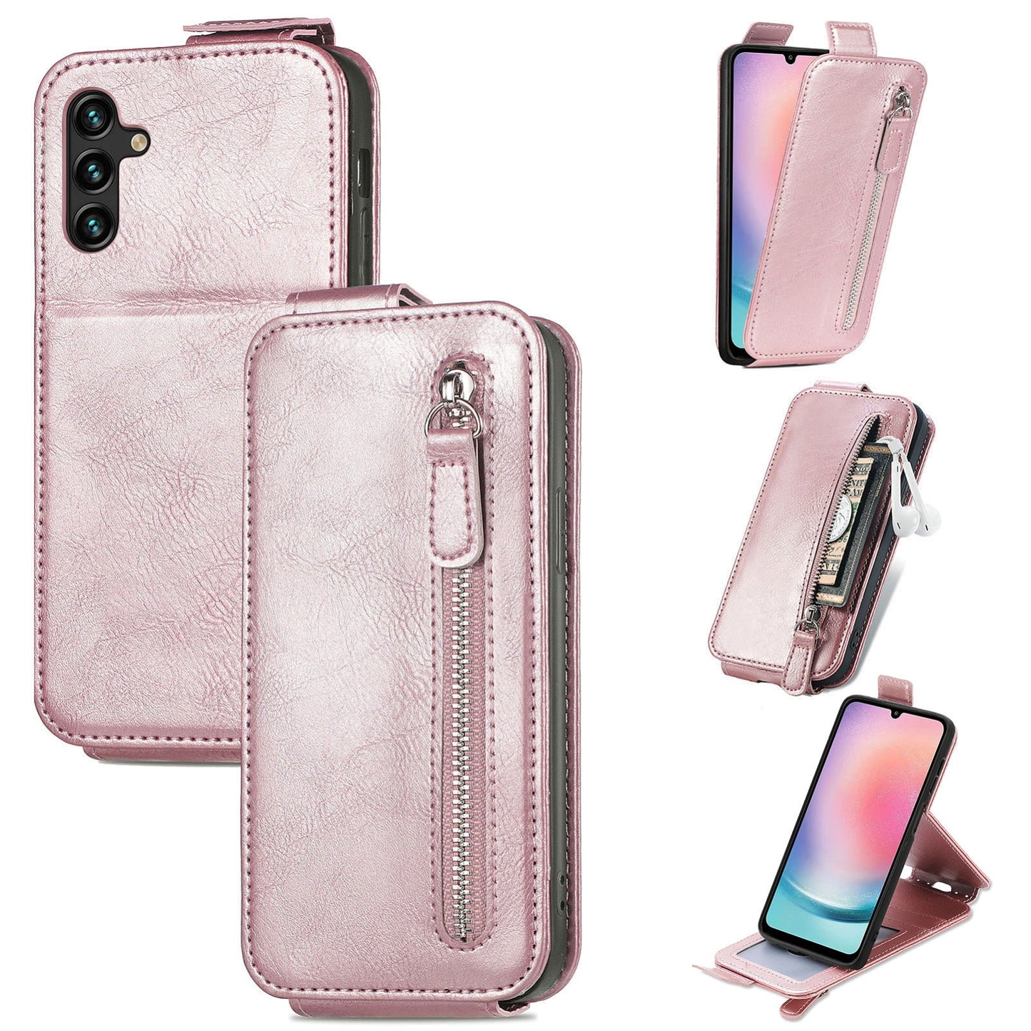 Samsung Galaxy A24 4G Zipper Wallet Case - Vertical Flip Leather Phone Cover with Multiple Card Slots and Stand