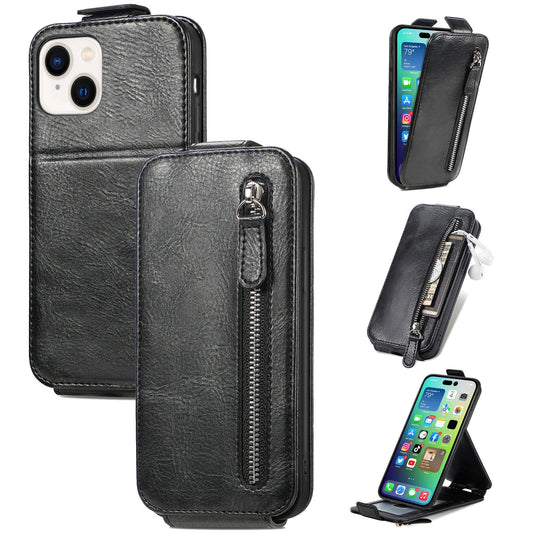 iPhone 15 Zipper Wallet Case - Vertical Flip Leather Phone Cover with Multiple Card Slots and Stand