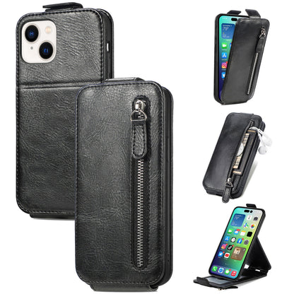 iPhone 15 Plus Zipper Wallet Case - Vertical Flip Leather Phone Cover with Multiple Card Slots and Stand