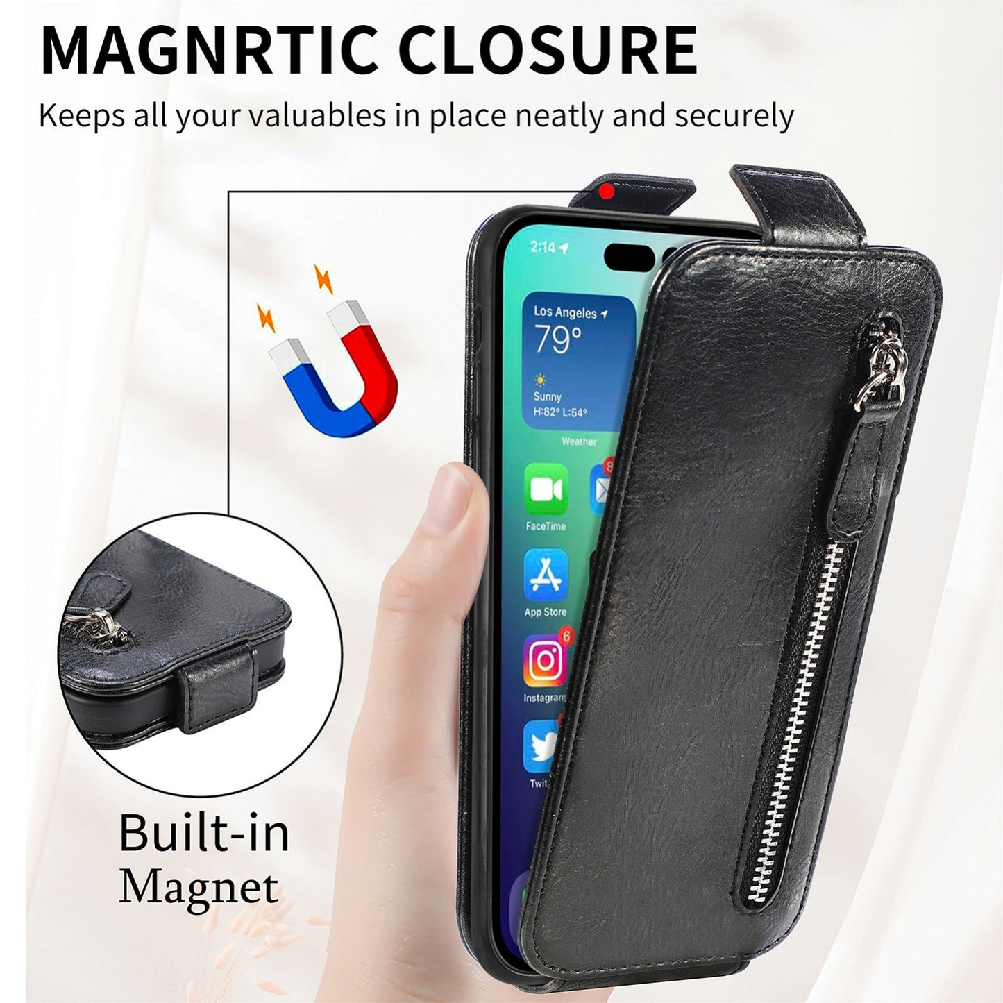 iPhone 15 Plus Zipper Wallet Case - Vertical Flip Leather Phone Cover with Multiple Card Slots and Stand