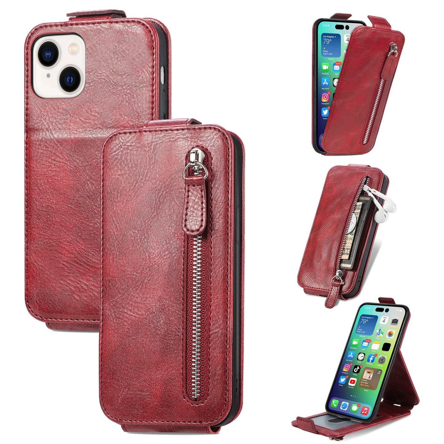 iPhone 15 Plus Zipper Wallet Case - Vertical Flip Leather Phone Cover with Multiple Card Slots and Stand