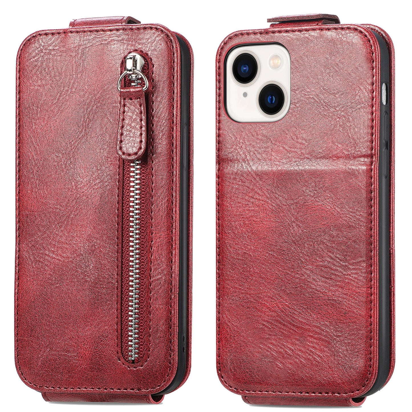 iPhone 15 Plus Zipper Wallet Case - Vertical Flip Leather Phone Cover with Multiple Card Slots and Stand