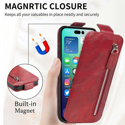 iPhone 15 Plus Zipper Wallet Case - Vertical Flip Leather Phone Cover with Multiple Card Slots and Stand