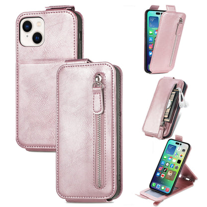 iPhone 15 Plus Zipper Wallet Case - Vertical Flip Leather Phone Cover with Multiple Card Slots and Stand