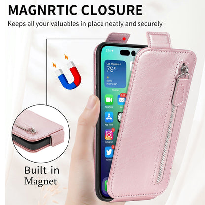 iPhone 15 Plus Zipper Wallet Case - Vertical Flip Leather Phone Cover with Multiple Card Slots and Stand