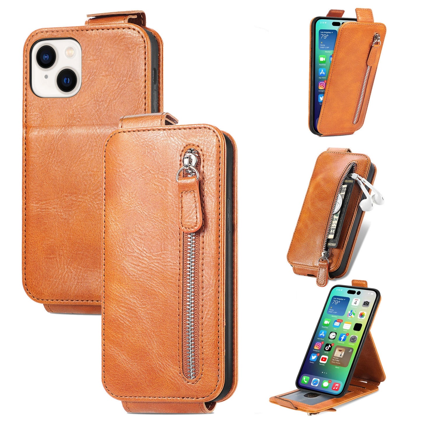 iPhone 15 Plus Zipper Wallet Case - Vertical Flip Leather Phone Cover with Multiple Card Slots and Stand