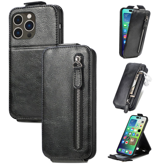 iPhone 15 Pro Zipper Wallet Case - Vertical Flip Leather Phone Cover with Multiple Card Slots and Stand