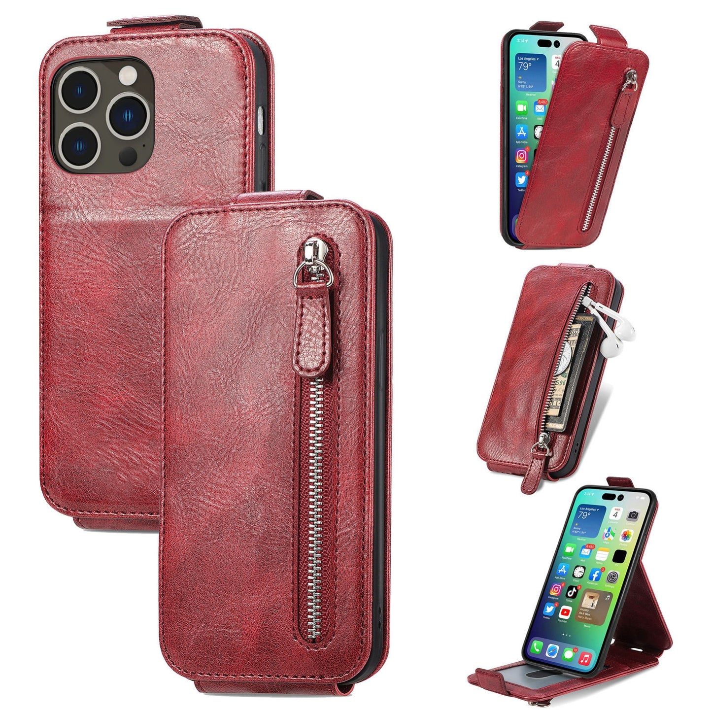 iPhone 15 Pro Max Zipper Wallet Case - Vertical Flip Leather Phone Cover with Multiple Card Slots and Stand