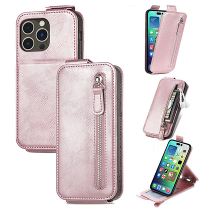 iPhone 15 Pro Max Zipper Wallet Case - Vertical Flip Leather Phone Cover with Multiple Card Slots and Stand