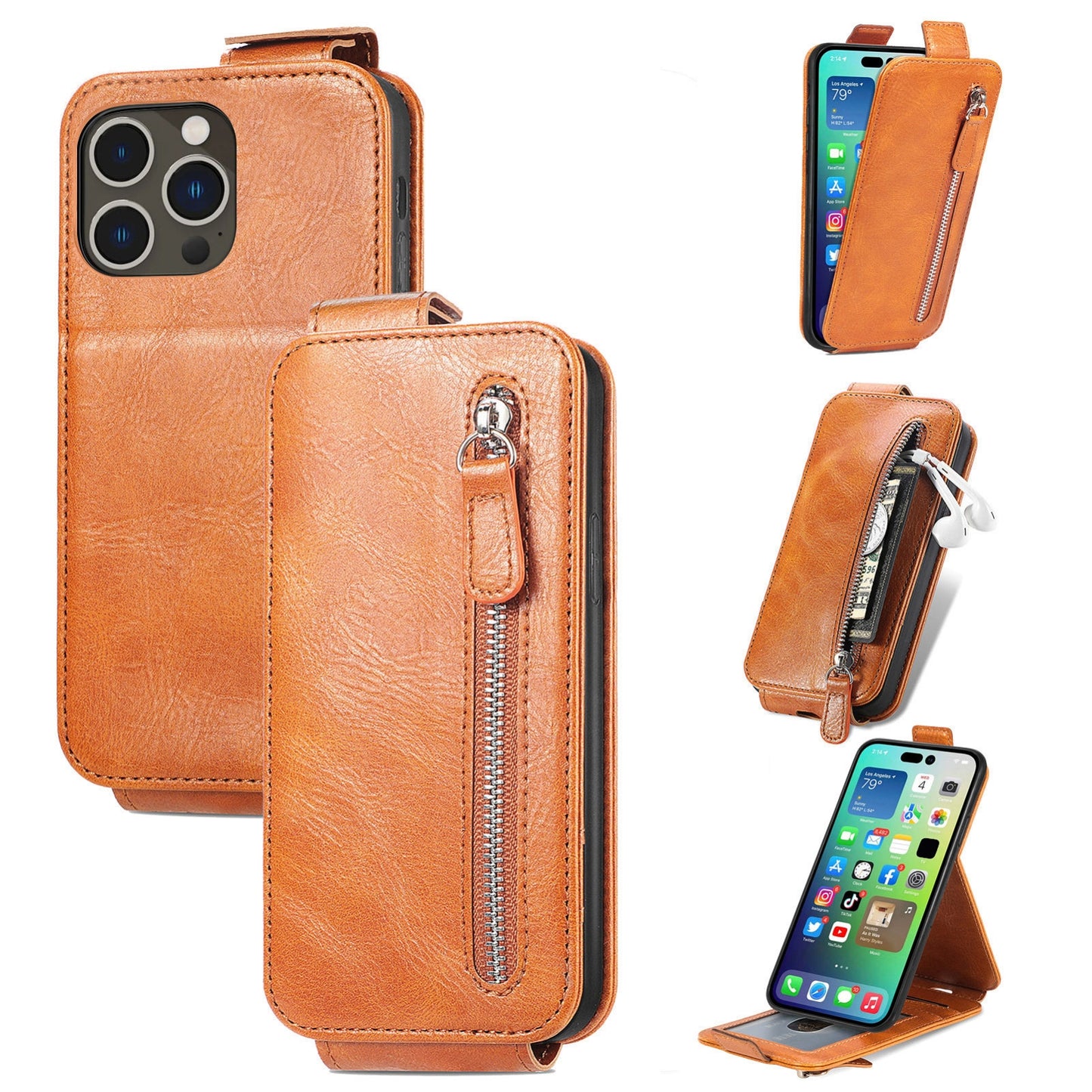 iPhone 15 Pro Max Zipper Wallet Case - Vertical Flip Leather Phone Cover with Multiple Card Slots and Stand