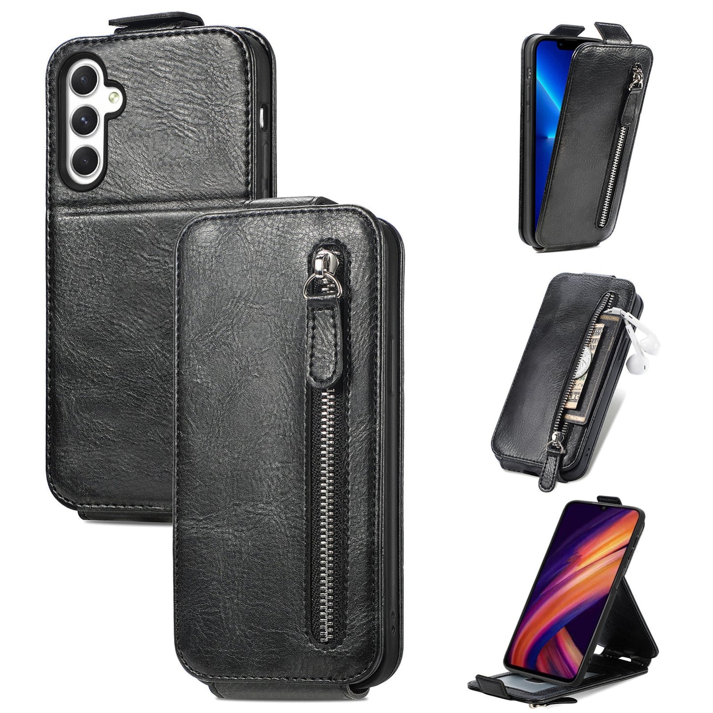 Samsung Galaxy A25 5G Zipper Wallet Case - Vertical Flip Leather Phone Cover with Multiple Card Slots and Stand