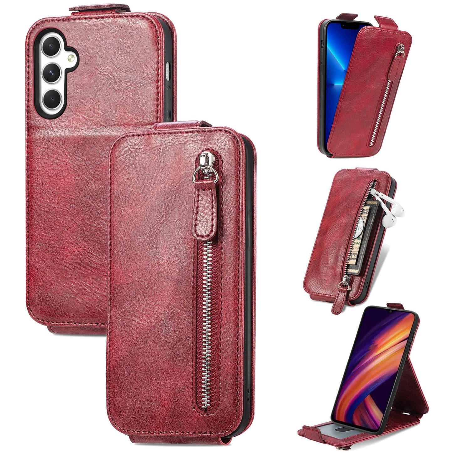 Samsung Galaxy A25 5G Zipper Wallet Case - Vertical Flip Leather Phone Cover with Multiple Card Slots and Stand
