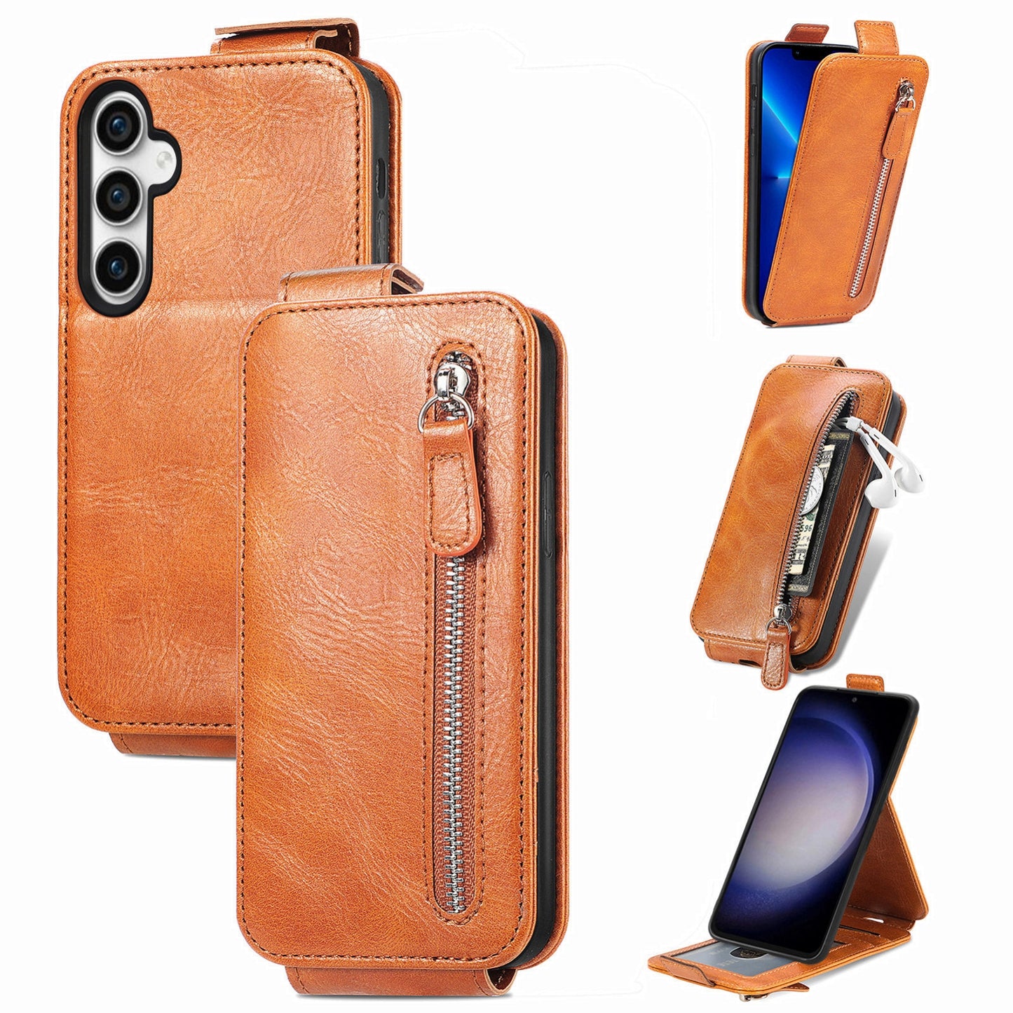 Samsung Galaxy S23 FE 5G Zipper Wallet Case - Vertical Flip Leather Phone Cover with Multiple Card Slots and Stand