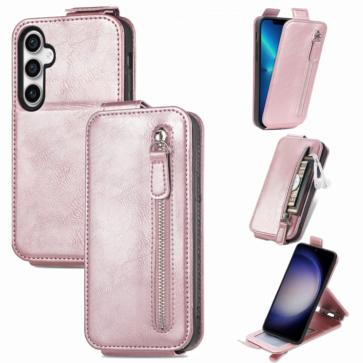 Samsung Galaxy S23 FE 5G Zipper Wallet Case - Vertical Flip Leather Phone Cover with Multiple Card Slots and Stand