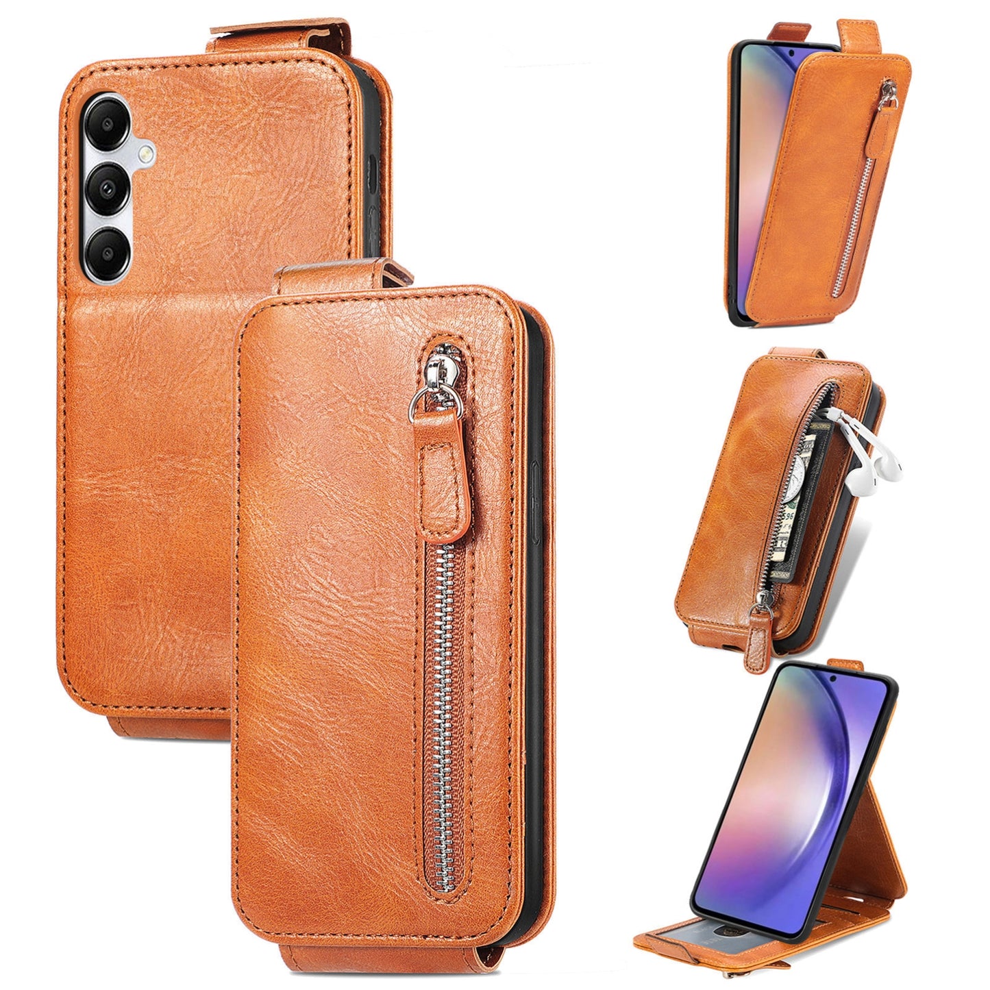 Samsung Galaxy A55 5G Zipper Wallet Case - Vertical Flip Leather Phone Cover with Multiple Card Slots and Stand