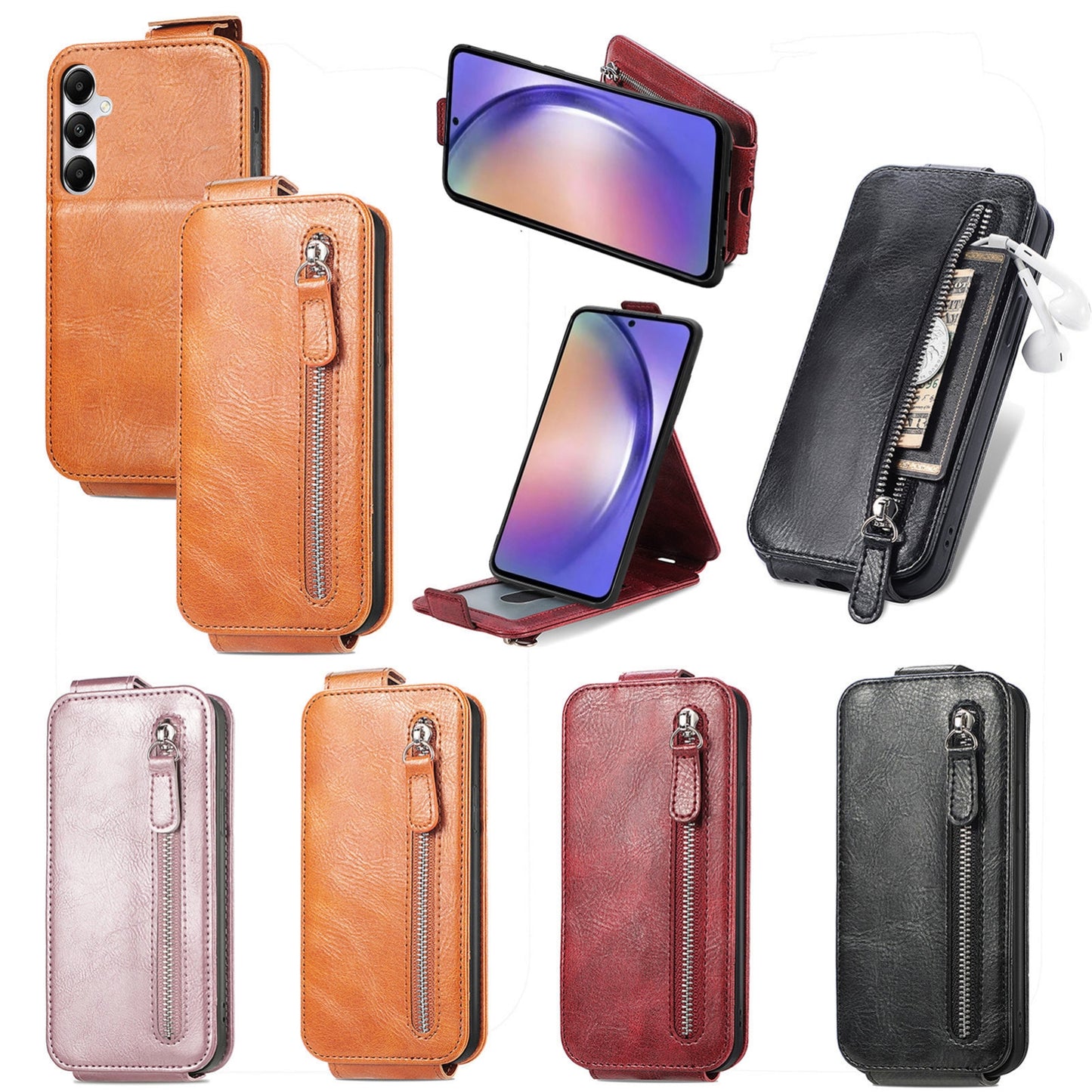 Samsung Galaxy A55 5G Zipper Wallet Case - Vertical Flip Leather Phone Cover with Multiple Card Slots and Stand