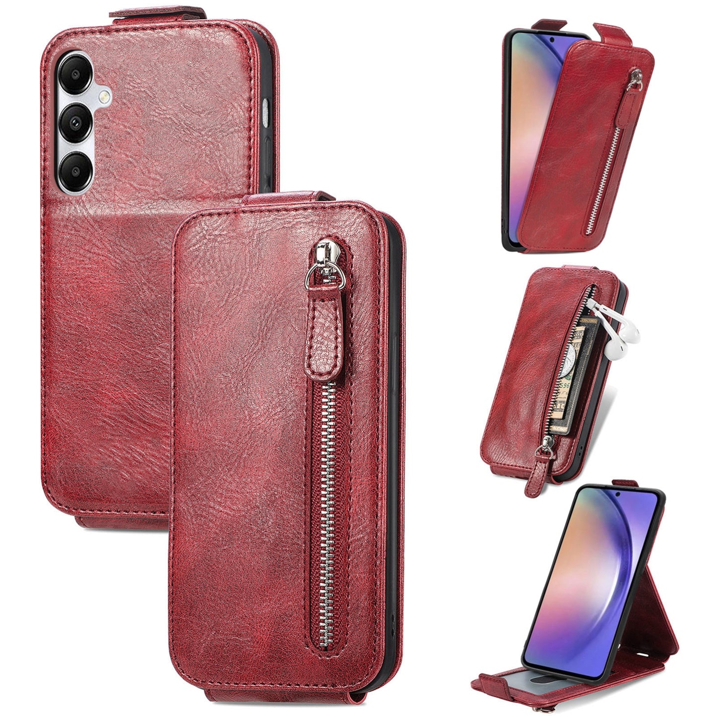 Samsung Galaxy A55 5G Zipper Wallet Case - Vertical Flip Leather Phone Cover with Multiple Card Slots and Stand