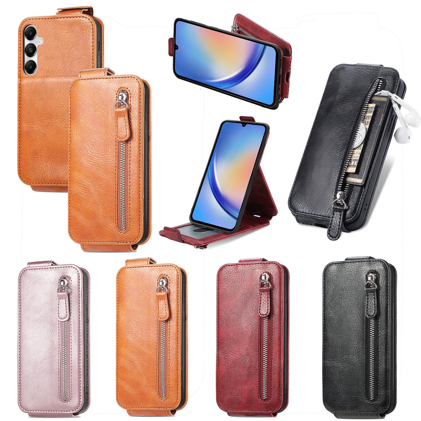 Samsung Galaxy A35 5G Zipper Wallet Case - Vertical Flip Leather Phone Cover with Multiple Card Slots and Stand