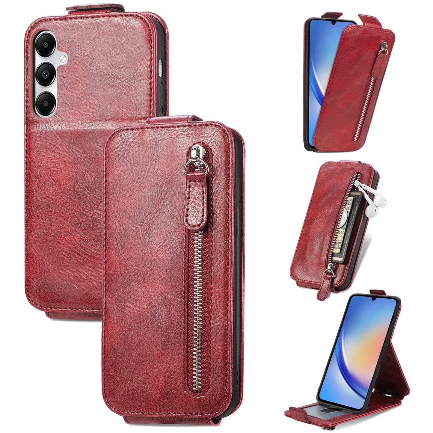 Samsung Galaxy A35 5G Zipper Wallet Case - Vertical Flip Leather Phone Cover with Multiple Card Slots and Stand