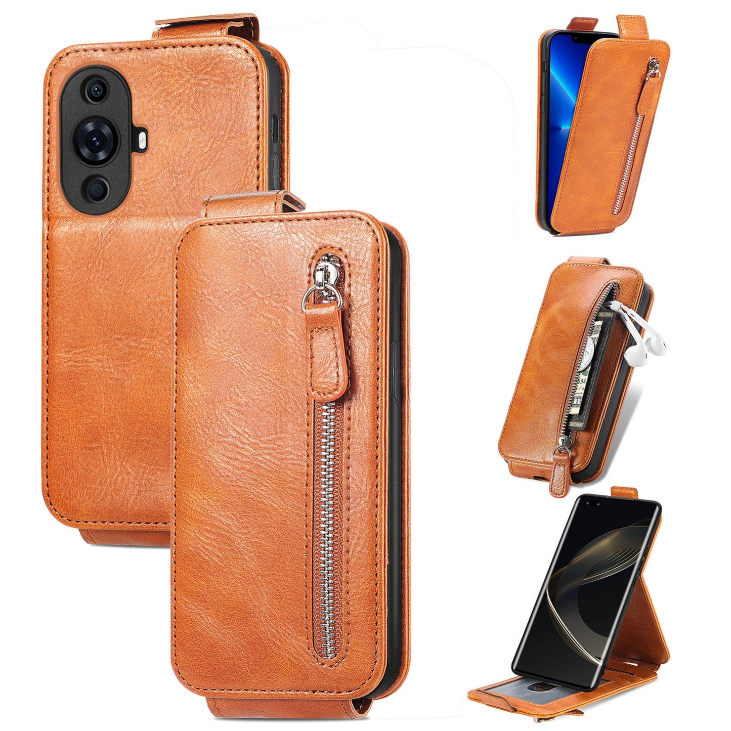 Huawei Nova 11 Pro Zipper Wallet Case - Vertical Flip Leather Phone Cover with Multiple Card Slots and Stand