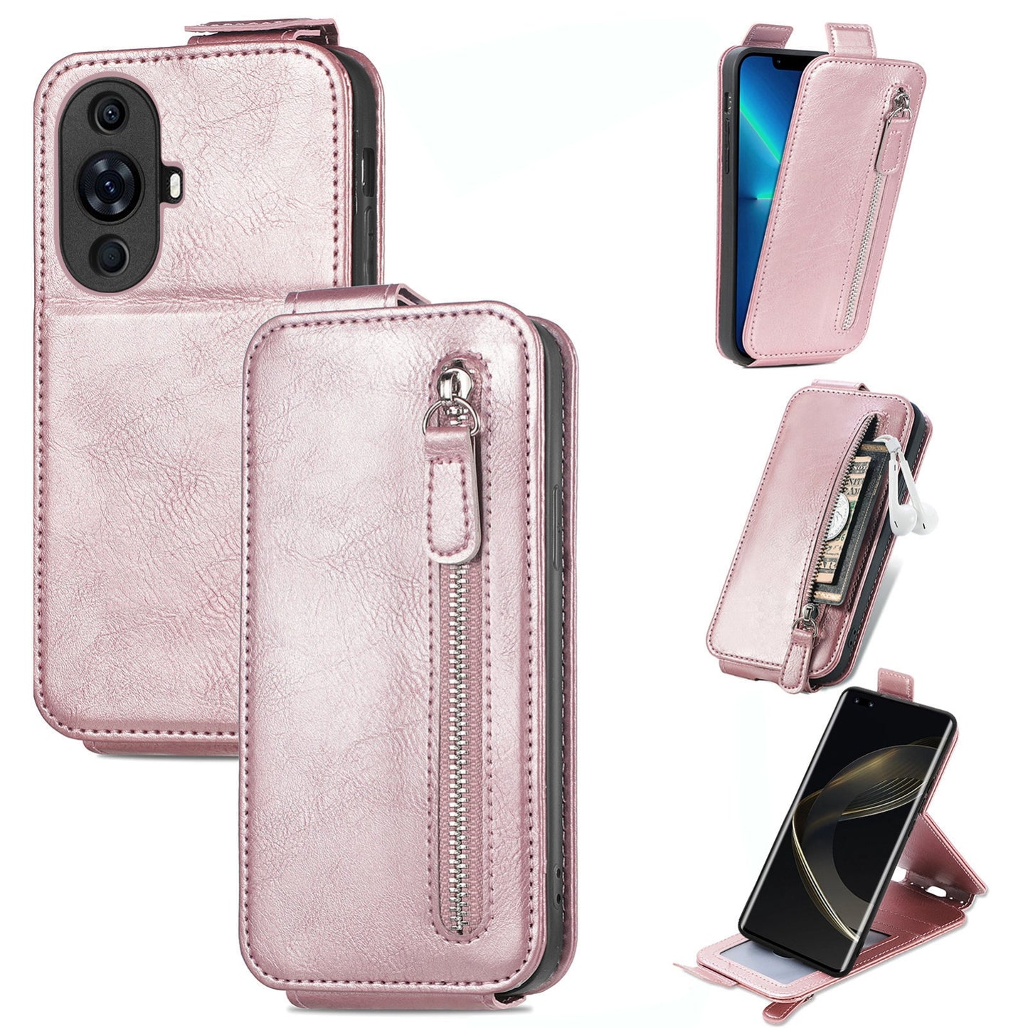 Huawei Nova 11 Pro Zipper Wallet Case - Vertical Flip Leather Phone Cover with Multiple Card Slots and Stand