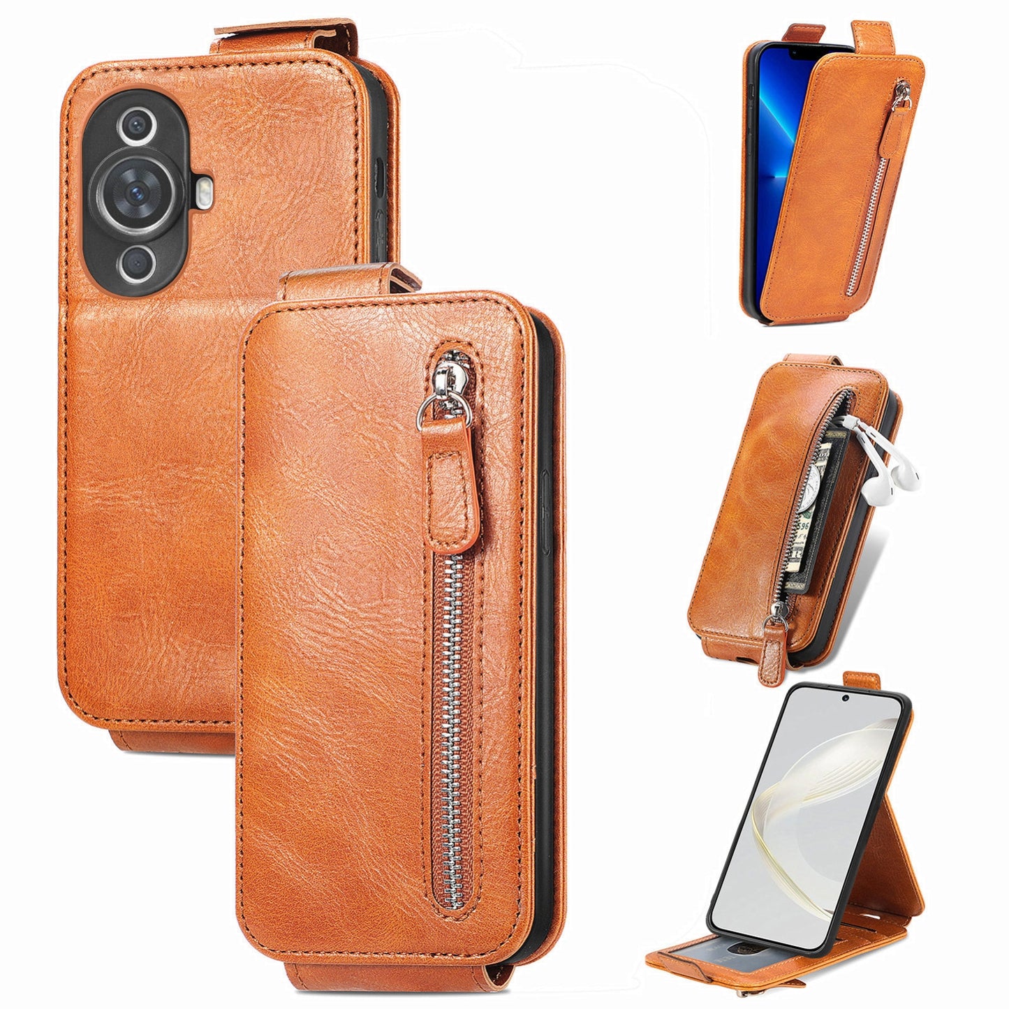 Huawei Nova 11 Zipper Wallet Case - Vertical Flip Leather Phone Cover with Multiple Card Slots and Stand