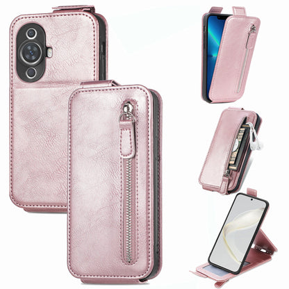 Huawei Nova 11 Zipper Wallet Case - Vertical Flip Leather Phone Cover with Multiple Card Slots and Stand