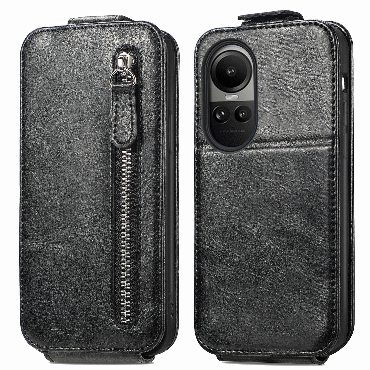 OPPO Reno 10 Zipper Wallet Case - Vertical Flip Leather Phone Cover with Multiple Card Slots and Stand