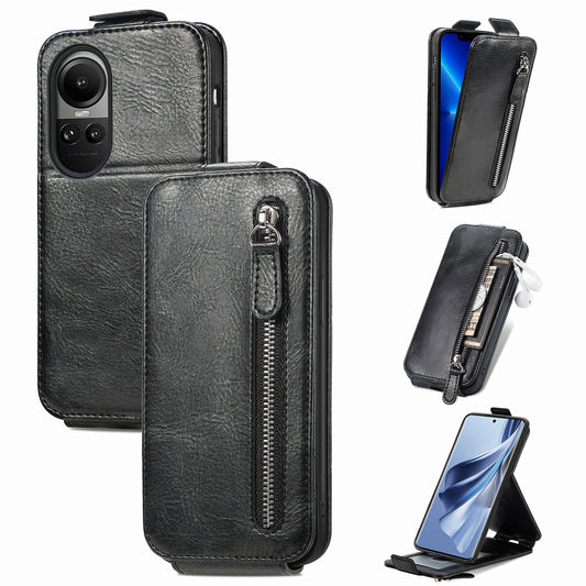 OPPO Reno 10 Zipper Wallet Case - Vertical Flip Leather Phone Cover with Multiple Card Slots and Stand