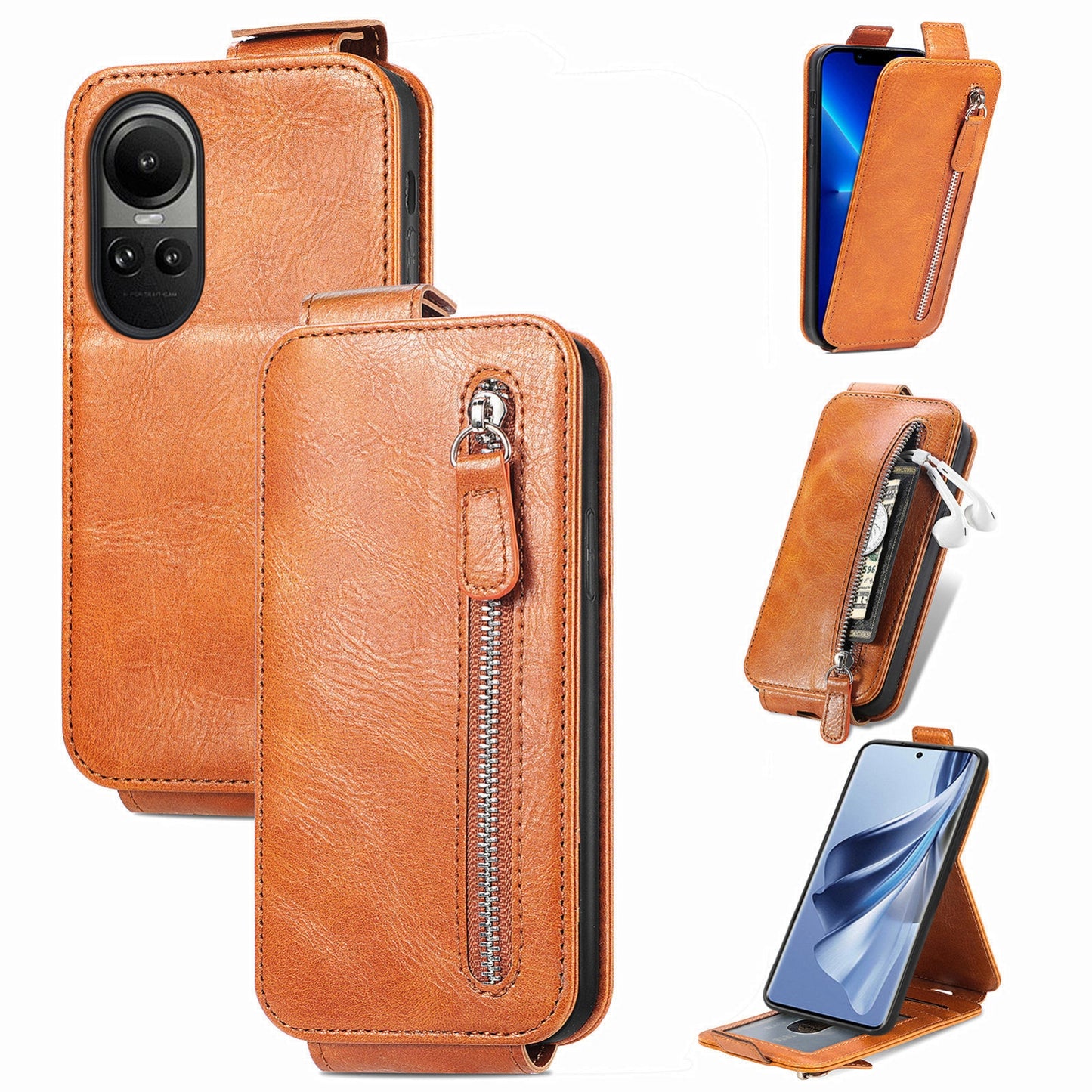OPPO Reno 10 Zipper Wallet Case - Vertical Flip Leather Phone Cover with Multiple Card Slots and Stand