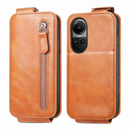 OPPO Reno 10 Zipper Wallet Case - Vertical Flip Leather Phone Cover with Multiple Card Slots and Stand