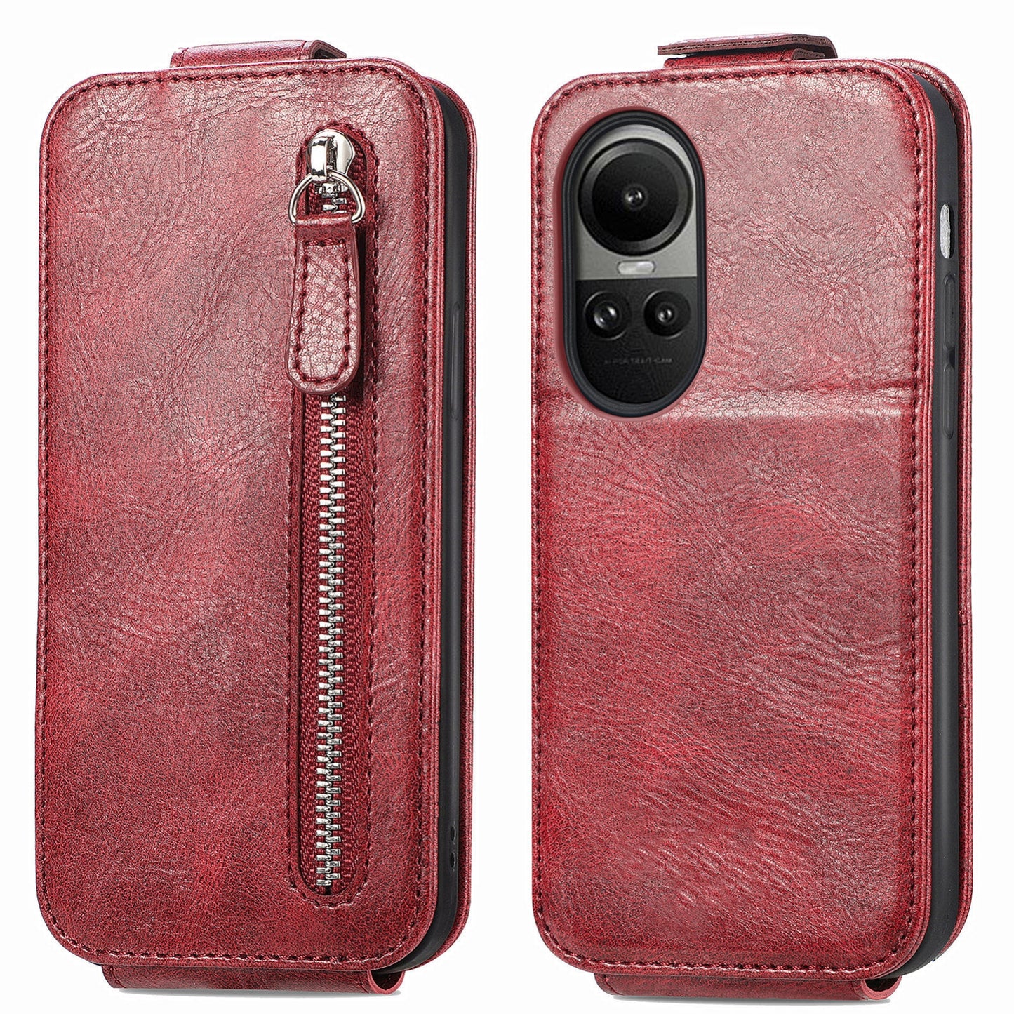 OPPO Reno 10 Zipper Wallet Case - Vertical Flip Leather Phone Cover with Multiple Card Slots and Stand