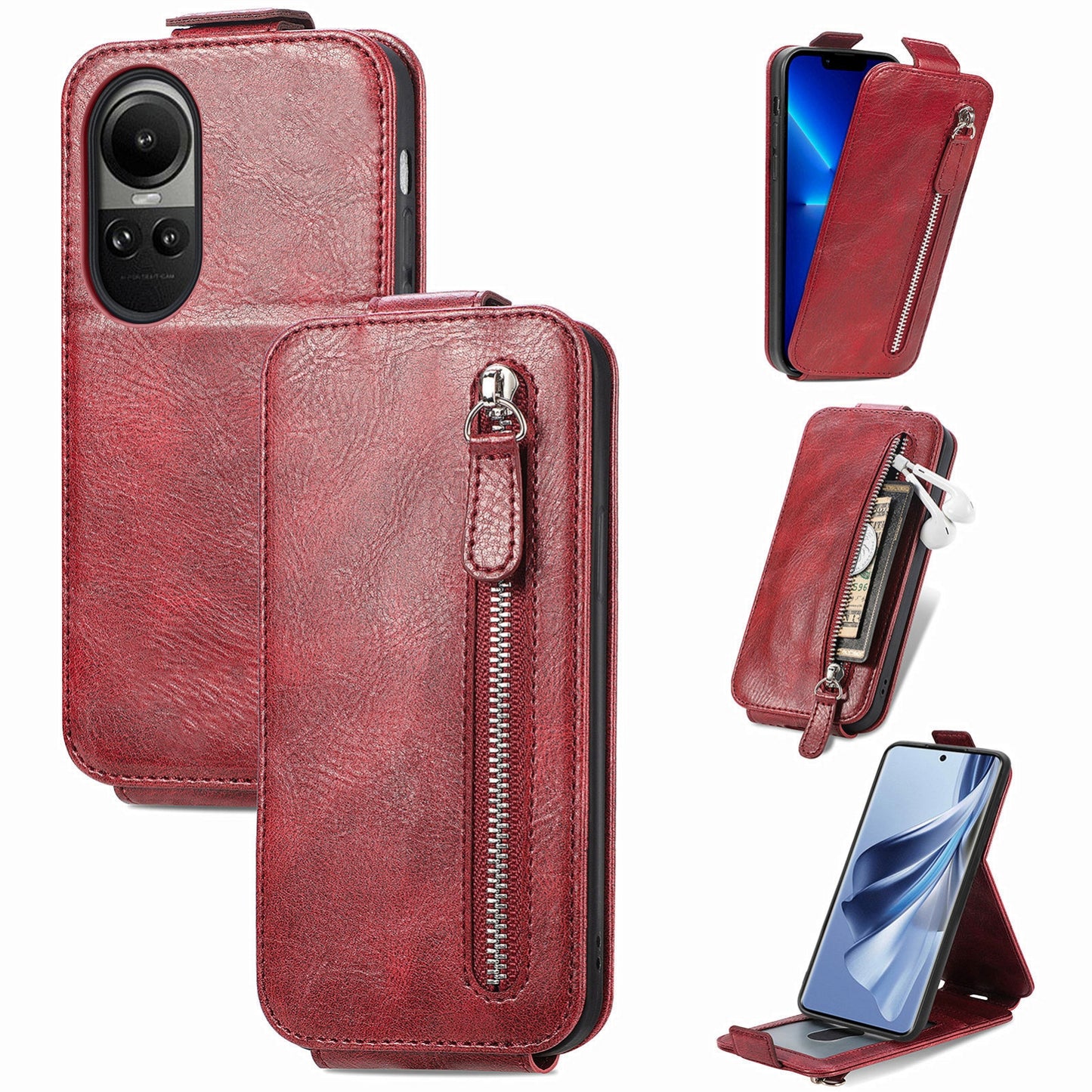 OPPO Reno 10 Pro Global Zipper Wallet Case - Vertical Flip Leather Phone Cover with Multiple Card Slots and Stand