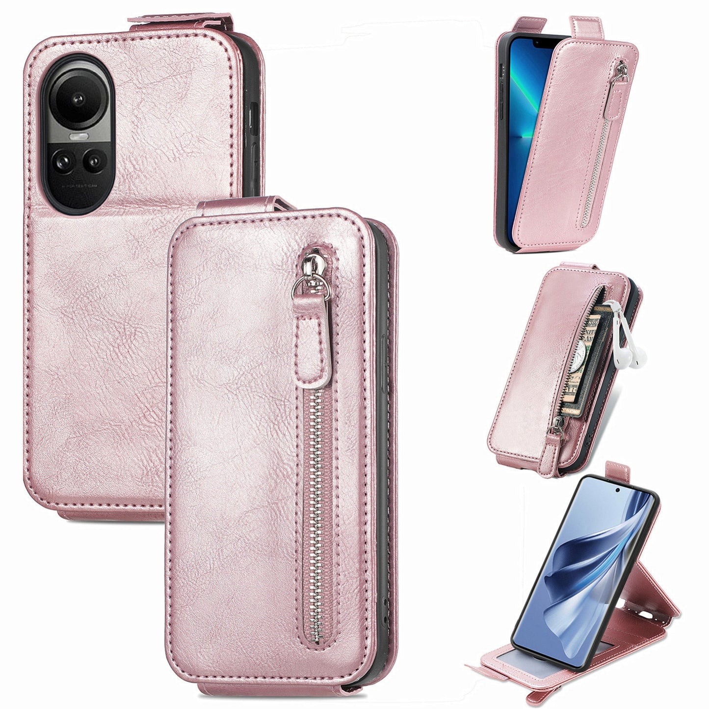 OPPO Reno 10 Zipper Wallet Case - Vertical Flip Leather Phone Cover with Multiple Card Slots and Stand