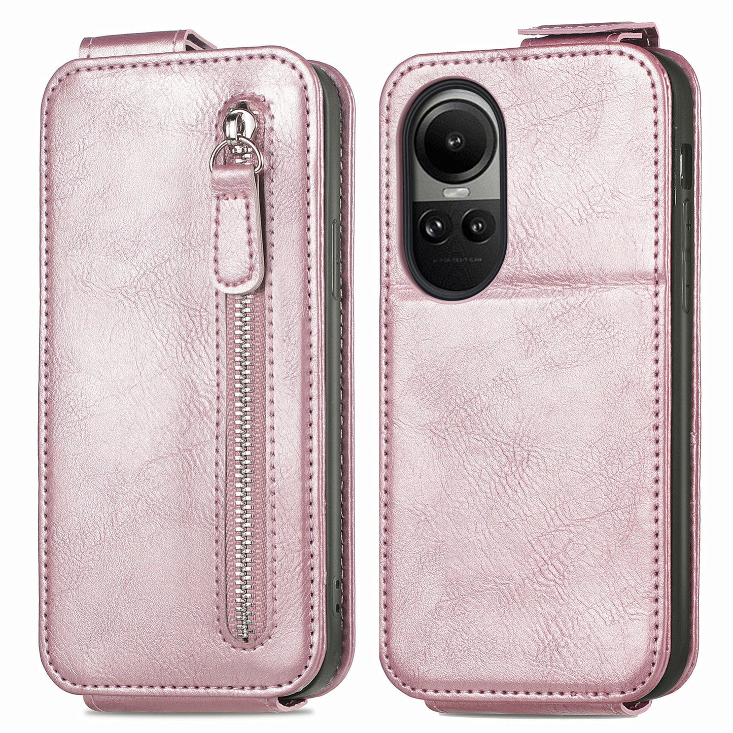 OPPO Reno 10 Zipper Wallet Case - Vertical Flip Leather Phone Cover with Multiple Card Slots and Stand