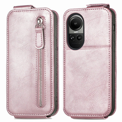 OPPO Reno 10 Zipper Wallet Case - Vertical Flip Leather Phone Cover with Multiple Card Slots and Stand