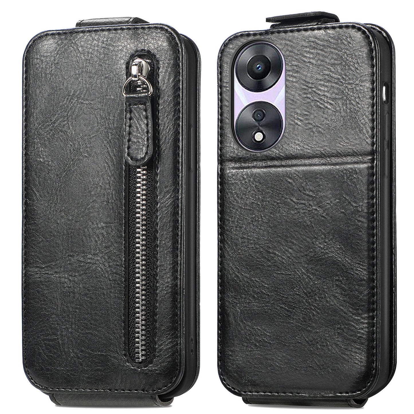 OPPO A78 5G Zipper Wallet Case - Vertical Flip Leather Phone Cover with Multiple Card Slots and Stand